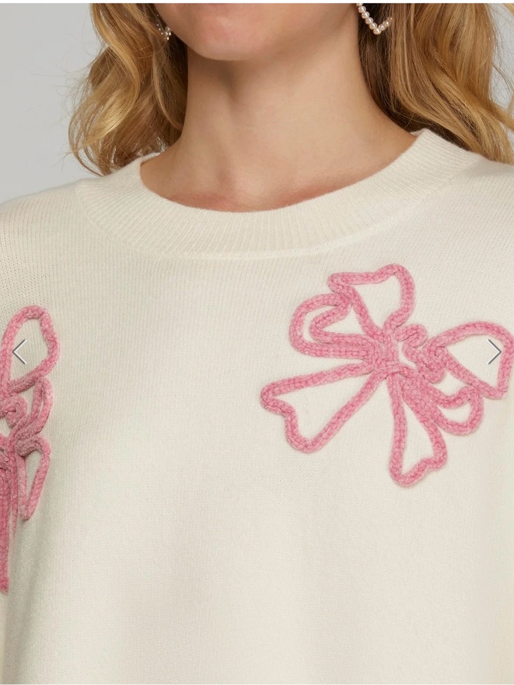 She + Sky White Crewneck Sweater with Pink Bow Appliqués